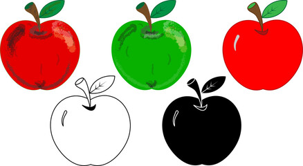 Five variations of apple in outline, silhouette, filled red and 3d in red and green for drawing, tracing and illustrations, editable vector 