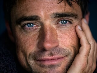 Obraz premium A handsome mature man with striking blue eyes gently rests his face in his hand offe a warm and inviting smile for the camera's lens.