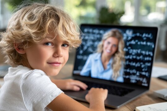 Young boy engages in online learning with a smiling teacher on his laptop at home