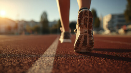 Naklejka premium Running shoe sole on red track at sunset with warm light and smiling mood, close up of footsteps and motion showing athletic training and outdoor exercise