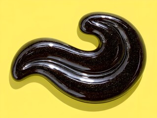 Obraz premium A glossy dark brown wave shaped object curves gracefully against a solid yellow background casting a distinctive shadow on the surface.