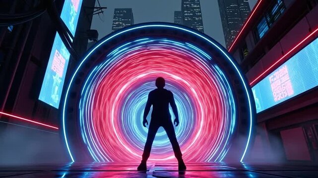 Futuristic concept of interdimensional travel with a human silhouette ready to enter a swirling energy vortex in a dark, neon-lit city
