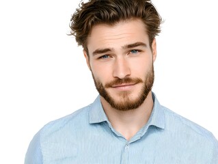 Obraz premium A handsome young man with captivating blue eyes and a well-groomed beard poses confidently against a clean, bright white backdrop looking allu.