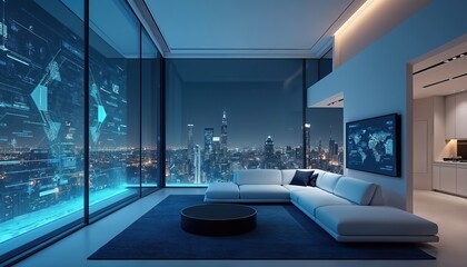 Modern apartment living room with large window displays city view at night. Futuristic tech interface overlays window data. Sleek white couch arranged on blue rug.