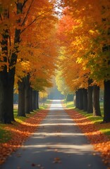 Fototapeta premium Scenic park avenue lined with tall maple trees in autumn. Bright yellow, orange, red leaves cover branches, ground. Warm sunlight illuminates long walking path, creating deep shadows. Fallen foliage