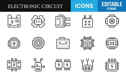 Fototapeta premium Outline technology icons including processors, sensors, wiring nodes, and chip modules