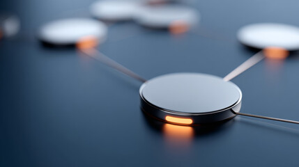 Close-up of interconnected metallic circular nodes with glowing orange lights on dark surface representing network or technology concept