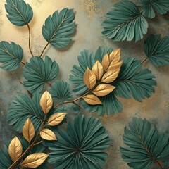 Fototapeta premium Elegant large green leaves with gold accents adorn textured grey background. Botanical art style, luxurious floral pattern detail, luxurious wall decor inspiration, rich interior design element.