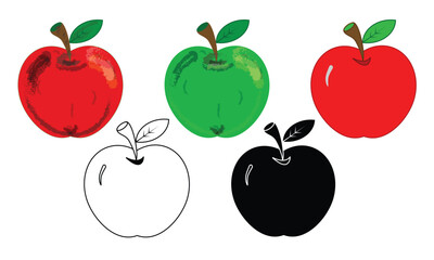 Five variations of apple in outline, silhouette, filled red and 3d in red and green for drawing, tracing and illustrations, editable vector 