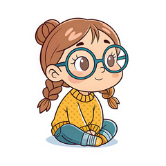 Cute cartoon girl with glasses and braided hair isolated on transparent background