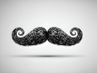 Detailed graphic illustration of a classic, curled black mustache isolated against a soft gray gradient background with a subtle drop shadow.