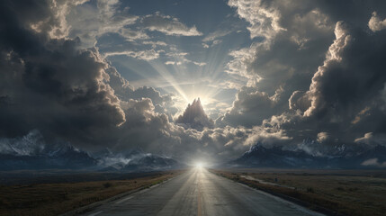 Road to mountain peak with dramatic sunrise and cloud rays, empty asphalt highway leading toward luminous summit and moody sky