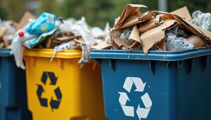 Full recycling bins with paper and plastic waste overflow onto street. Urban containers for waste collection need emptying. Environment suffers from rubbish buildup.