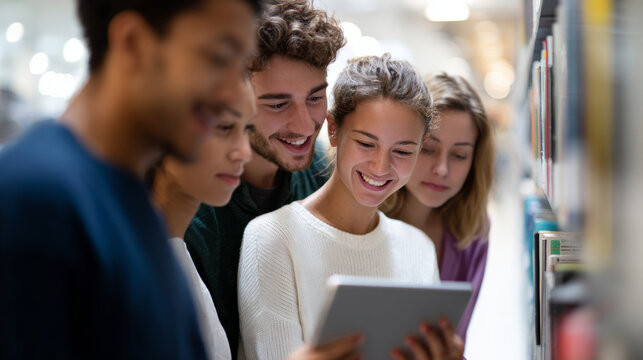 Group of diverse young adults smiling and looking at a digital tablet together in a library aisle with bookshelves