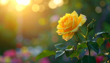“Close-Up of Yellow Rose in Full Bloom with Rosebuds and Green Leaves in Sunlit Garden Setting”