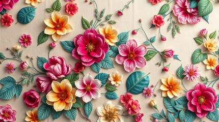 Floral arrangement of vibrant colorful flowers and leaves, creating a lively and visually pleasing design. The detailed textures and colors bring an elegant, refreshing.