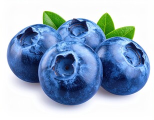 Fresh Blueberries with Green Leaves on White Background