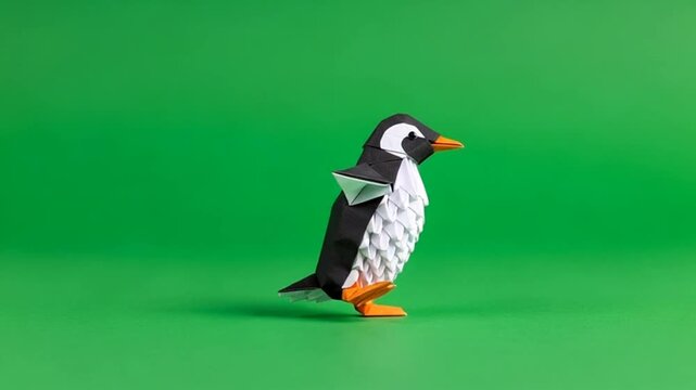 Origami Penguin on Green Background: Artistic Paper Craft Animal