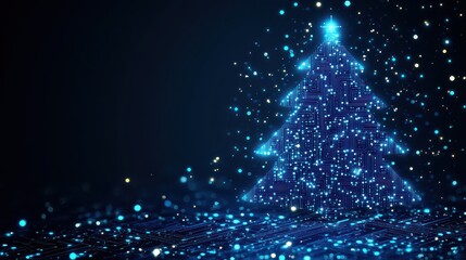 Abstract glowing blue Christmas tree with falling sparkles on dark background.