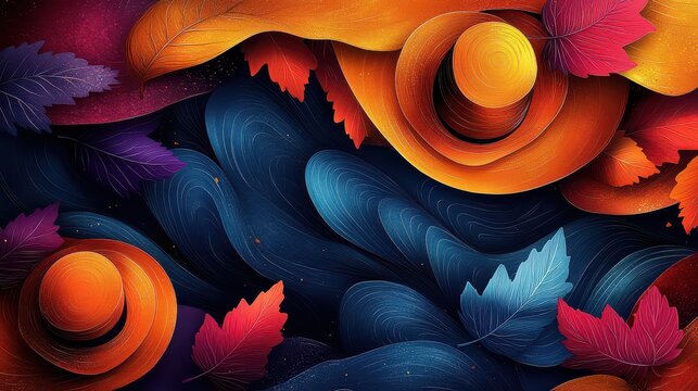Abstract autumnal illustration with vibrant leaves and swirling shapes.