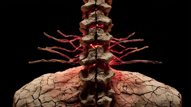 A sculptural representation of a human spine made of cracked stone with points of intense pressure glowing warmly. wellbeing guides.