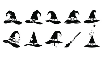 Spooky Halloween Witch Hat Silhouette Icon Collection with Broomstick