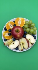 A colorful assortment of fresh sliced and whole fruits arranged on a white plate against a vibrant green background, showcasing a variety of textures and natural colors