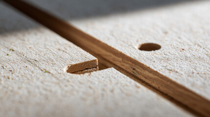 Close-up of a wooden board with a precise groove and circular hole showing woodworking detail and texture in natural light