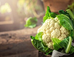 Fresh Cauliflower on Rustic Wooden Surface