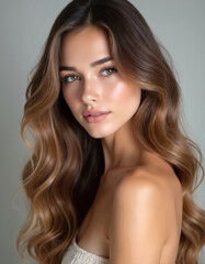 Fototapeta premium Young beautiful woman poses for studio beauty portrait. Long wavy brunette hair, natural healthy skin. Face shows fresh glow, serene look. Model looks at camera, confident, beautiful. Perfect