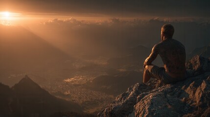 Obraz premium Athletic tattooed man hanging from rocky ledge with mountains behind extreme outdoor adventure