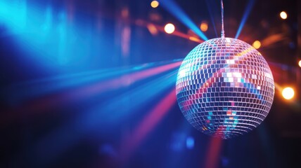 Disco ball shimmering with colorful blue and red light beams in a lively party atmosphere.