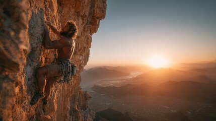 Athletic tattooed man hanging from rocky ledge with mountains behind extreme outdoor adventure