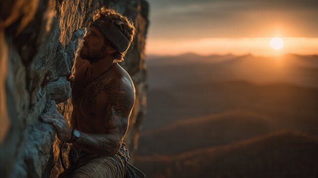 Athletic tattooed man hanging from rocky ledge with mountains behind extreme outdoor adventure - Powered by Adobe