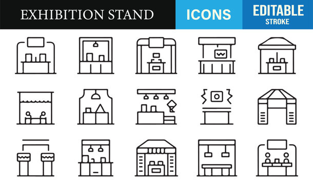 Clean outline booth illustrations perfect for trade shows, fairs, and commercial expos