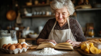 Cheerful grandmother baking at home with recipe book and ingredients warm cozy kitchen scene