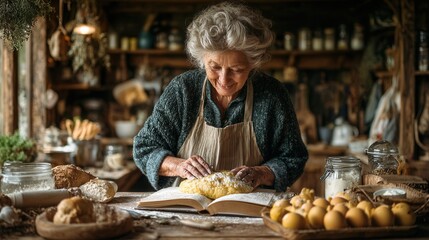 Cheerful grandmother baking at home with recipe book and ingredients warm cozy kitchen scene