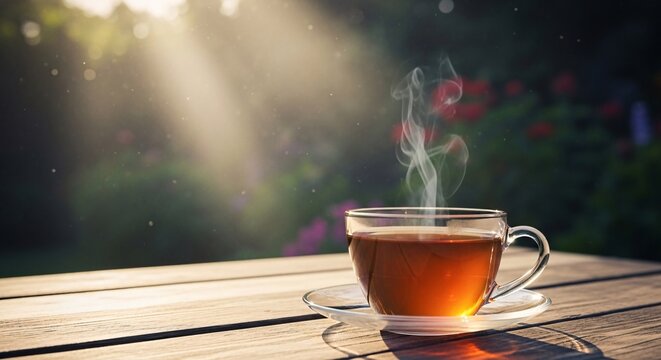 Steaming Cup of Tea on Wooden Table with Sunlight Rays and Garden Background