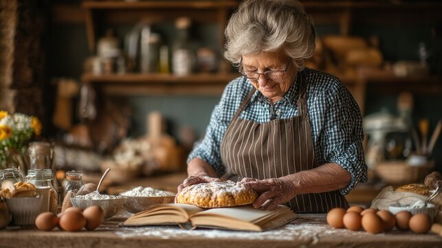 Cheerful grandmother baking at home with recipe book and ingredients warm cozy kitchen scene