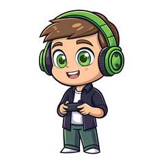 Cute cartoon boy with headphones and game controller isolated on transparent background