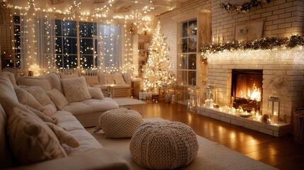 Cozy living room with Christmas tree and glowing fireplace soft warm holiday atmosphere