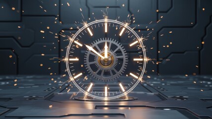 Futuristic glowing clock face with internal gears and golden sparks on a dark metallic background