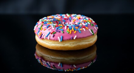 Delicious donut with pink frosting and colorful sprinkles on a reflective black surface for a sweet treat