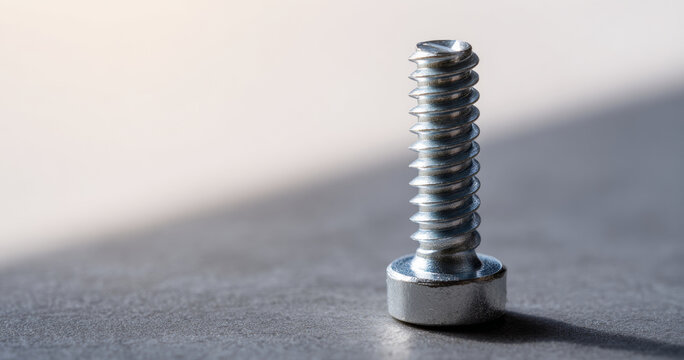 Close-up of a single metal screw standing upright on a textured surface with soft lighting and blurred background