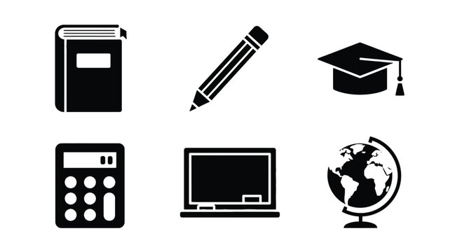 School education icons set student supplies book pencil globe graduation cap symbols