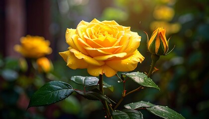 “Close-Up of Yellow Rose in Full Bloom with Rosebuds and Green Leaves in Sunlit Garden Setting”
