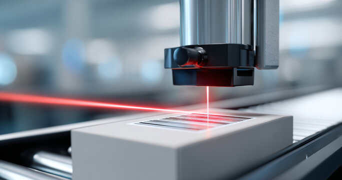 Automated barcode scanning on a white package using a red laser scanner in a modern industrial setting with blurred background