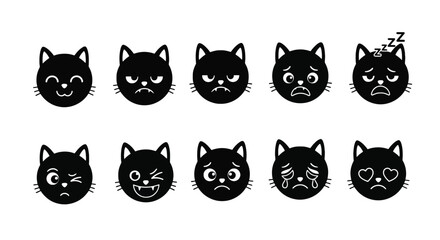 Ten black cat emoji faces collection expressing cute emotions