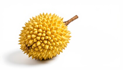 A single yellow spiky fruit with sharp points placed on a white background, which appears to be a close up shot of the fruit.
