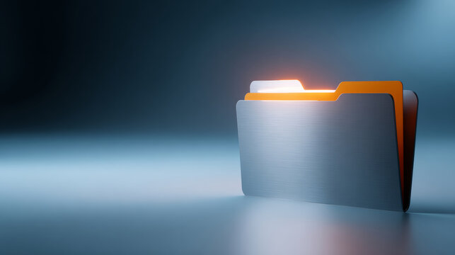 Metallic folder icon with glowing orange tab on smooth surface in dark blue gradient background, symbolizing digital data storage and file management